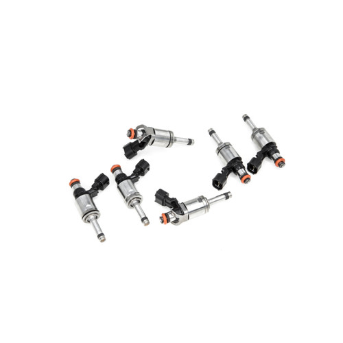 Set of six DeatschWerks 1700cc GDI fuel injectors for 3.5L EcoBoost, angled view showing electrical connectors and nozzle tips.