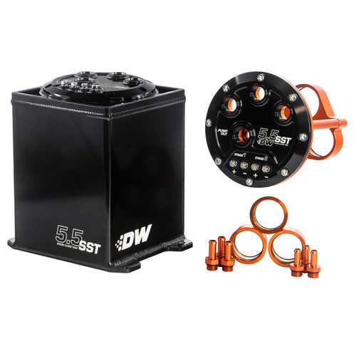 DeatschWerks 5.5L SST modular surge tank, black cube with top plate, orange fittings and bolts shown separately