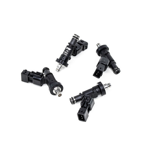 DeatschWerks 440cc fuel injectors, set of four, top down view showing electrical connectors and O-rings