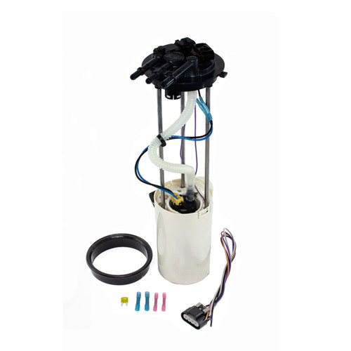 DeatschWerks DW400 fuel pump module with mounting ring, wiring harness, connector, and terminals shown.