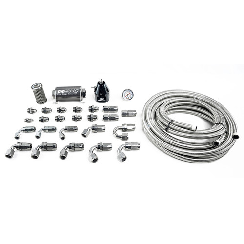 DeatschWerks X2 Series -10AN plumbing kit with braided hose, fittings, fuel filter and gauge, top view