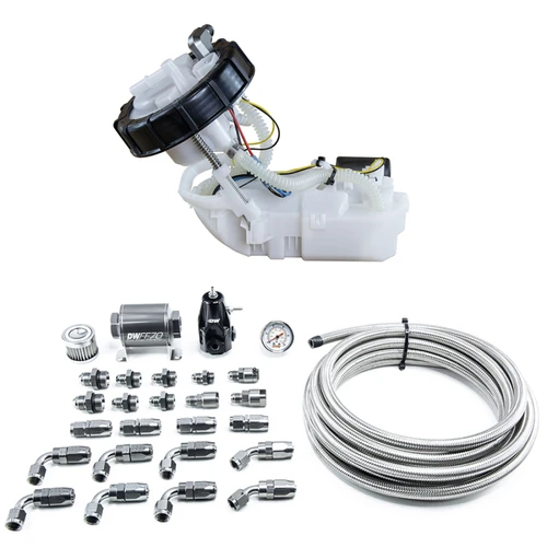 DeatschWerks DW400 fuel pump module with return kit, fittings, gauge and braided steel lines shown top view.