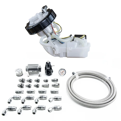 DeatschWerks DW400 fuel pump module with return kit, braided PTFE lines, fittings and regulator, top angled view