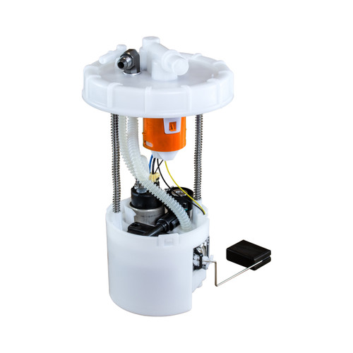 DeatschWerks DW400 fuel pump module for 06-11 Honda Civic Si K20, front angle view showing top cap fittings, orange pump housing, wiring, springs, and