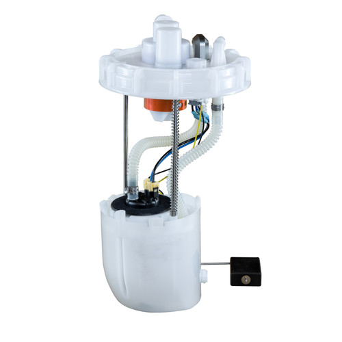 DeatschWerks DW400 fuel pump module, front angle, showing float arm, wiring, and reservoir housing.