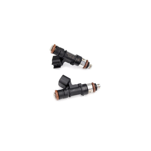 DeatschWerks 1000cc fuel injectors, set of two, side view showing electrical connectors and O-rings.