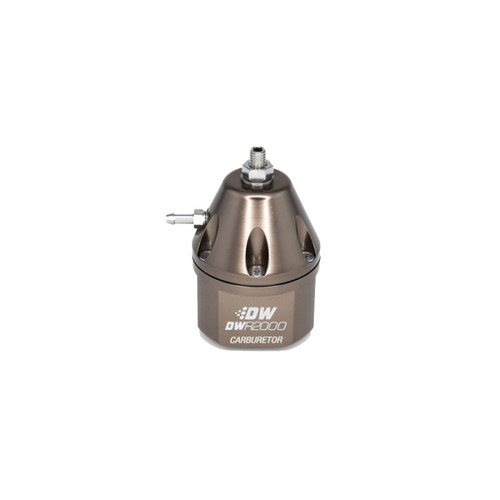DeatschWerks DWR2000 titanium carburetor fuel pressure regulator, angled front view showing inlet fitting and side port