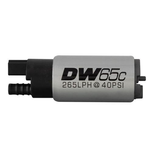 DeatschWerks DW65C 265LPH fuel pump, front view showing electrical connector and outlet fitting
