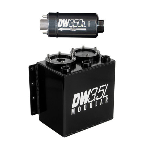 DeatschWerks DW3.5L Modular Surge Tank with DW350iL in-line fuel pump, front angled view showing fittings