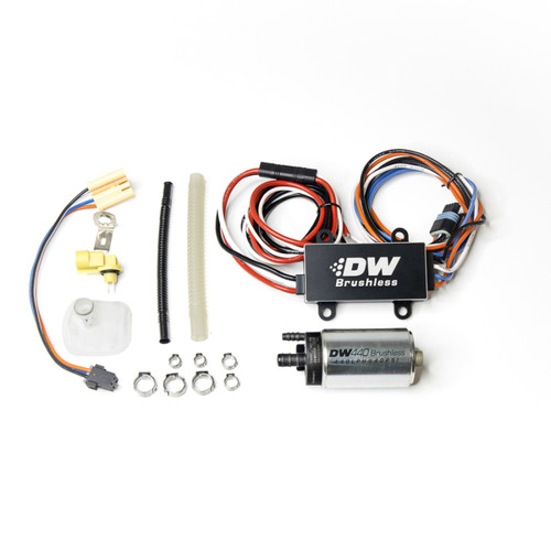 DeatschWerks DW440 brushless fuel pump kit with controller, wiring harness, hardware and fittings for Mustang GT