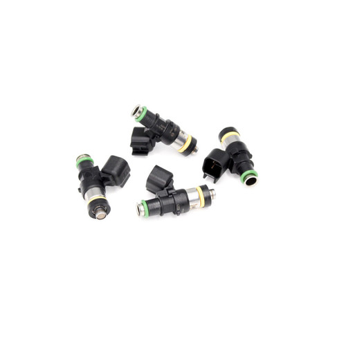 DeatschWerks 550cc fuel injectors, set of 4, angled view showing black bodies, electrical connectors and O-rings.