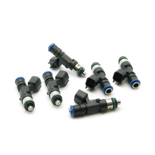 Set of six DeatschWerks 440cc fuel injectors, black bodies with blue tops, green O-rings, angled view