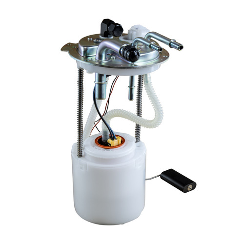 DeatschWerks DW400 fuel pump module, metal top plate with fittings and wiring, white reservoir with float arm