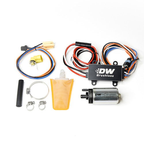 DeatschWerks DW440 Brushless fuel pump kit with controller, wiring harness, clamps and fuel sock