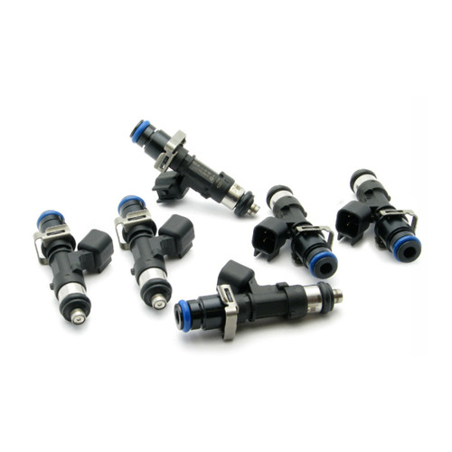 Set of six DeatschWerks 1000cc high impedance fuel injectors for 93-98 Toyota Supra TT, top angled view showing blue O-rings and connectors