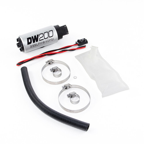 DeatschWerks DW200 255 LPH fuel pump with wiring, hose, clamps, and filter sock for 300zx install kit
