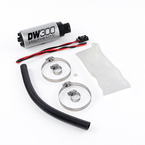DeatschWerks DW300 340 LPH fuel pump kit with hose, clamps, connector, and gasket, top angled view