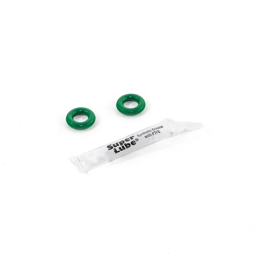 DeatschWerks DW65c install kit showing two green rubber O-rings and a Super Lube synthetic grease packet.