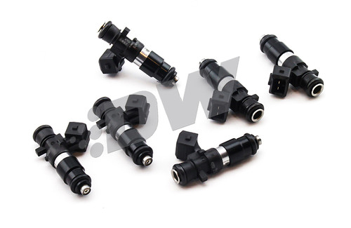 DeatschWerks EV14 1200cc fuel injector set of 6 for Nissan GTR VR38DETT, top angled view showing electrical connectors and O-ring tips