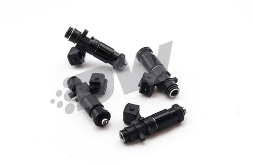Set of four DeatschWerks Bosch EV14 1200cc fuel injectors, black bodies with electrical connectors, arranged in a diamond layout.