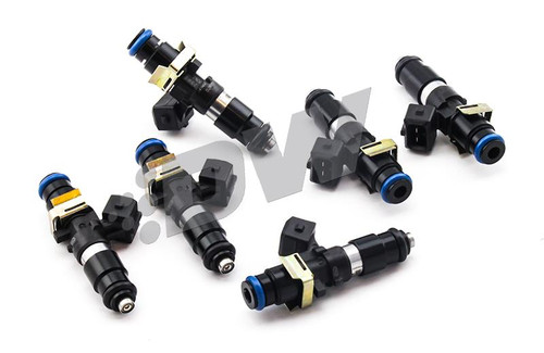 DeatschWerks EV14 1200cc fuel injectors, set of 6, top view showing blue and gold o-rings and electrical connectors