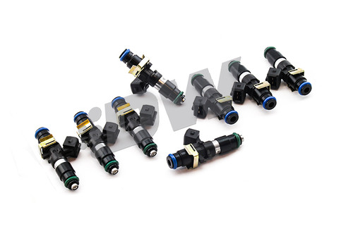 DeatschWerks EV14 1200cc fuel injectors, set of 8, shown at angle with blue O-rings and connectors visible