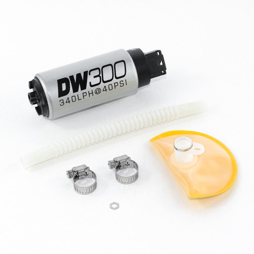 DeatschWerks DW300 340LPH fuel pump kit with hose, clamps, washer, and strainer filter