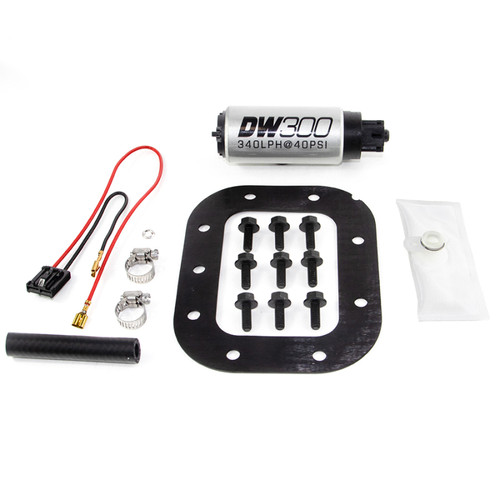 DeatschWerks DW300 340 LPH fuel pump kit with wiring harness, gasket, mounting bolts, clamps and filter sock
