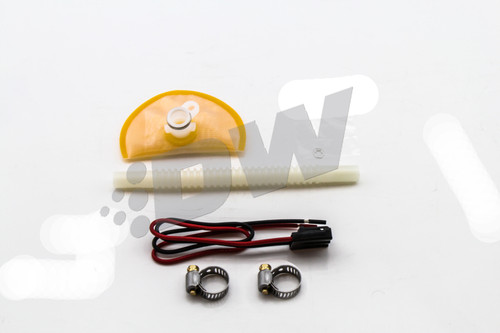 DeatschWerks fuel pump install kit for 370Z/G37, strainer, hose, wiring harness, hose clamps shown from above