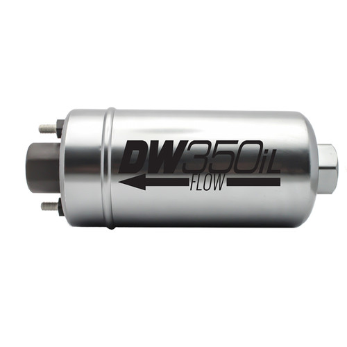 DeatschWerks DW350iL 350 LPH in-line external fuel pump, side view, inlet fitting, mounting studs, flow arrow label
