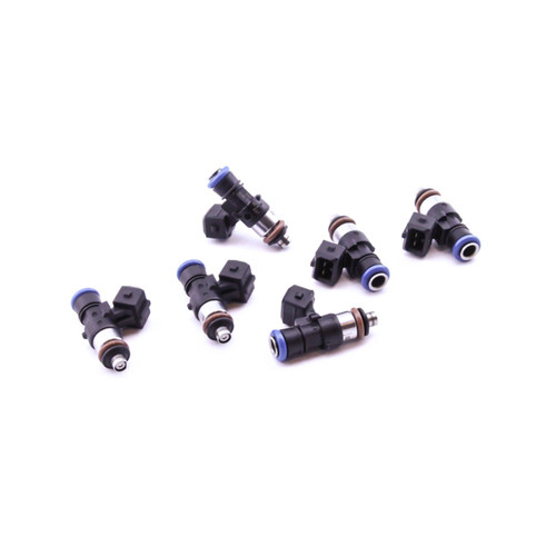 DeatschWerks EV14 1500cc fuel injectors, set of six, black bodies with blue and orange O-rings, various angles