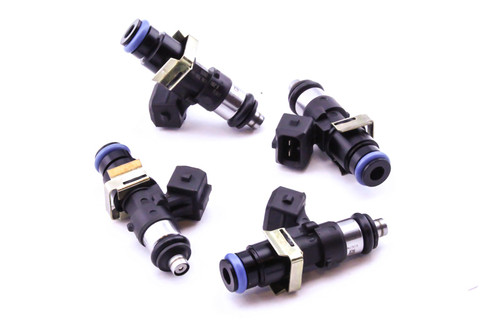 Set of four DeatschWerks EV14 1500cc fuel injectors, black bodies with blue top O-rings, angled view