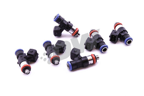 DeatschWerks 1500cc EV14 fuel injector set, 6 injectors with color coded O rings, top down angle