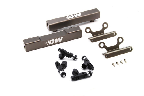 DeatschWerks fuel rail kit with two rails, four 1000cc injectors, mounting brackets and screws, top view
