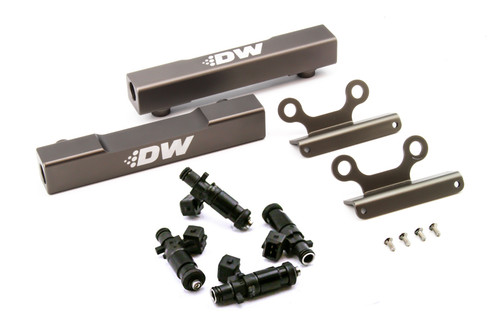 DeatschWerks top feed fuel rail kit for Subaru WRX/STI/LGT, showing two rails, 1200cc injectors, brackets, and hardware.