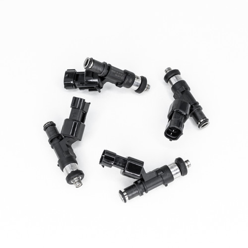 Set of four DeatschWerks EV14 750cc fuel injectors, top down view showing connectors and o-ring fittings.