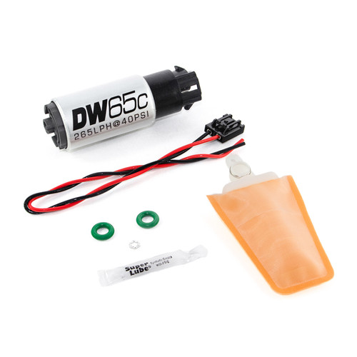 DeatschWerks DW65C fuel pump kit with wiring harness, orange filter sock, grommets, and lube packet