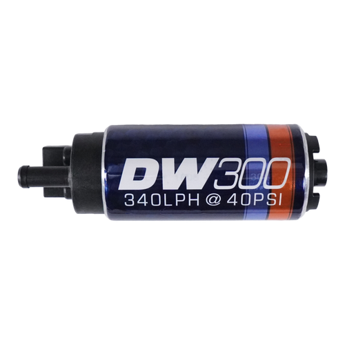 DeatschWerks DW300 340 LPH in-tank fuel pump, side view showing black inlet fitting and electrical connector