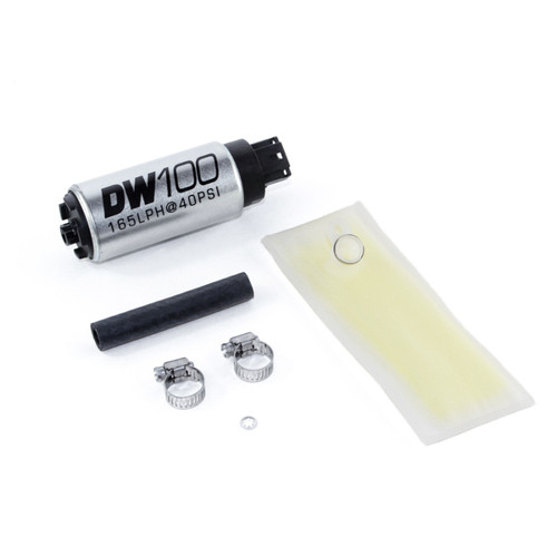 DeatschWerks DW100 165 LPH in-tank fuel pump with install kit, hose, clamps, washer, and strainer sock
