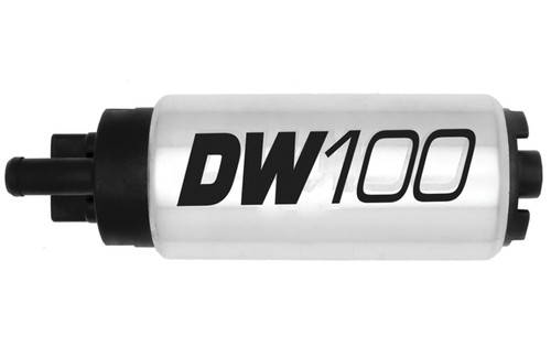 DeatschWerks DW100 165 LPH in-tank fuel pump, side view showing black inlet fitting and connector
