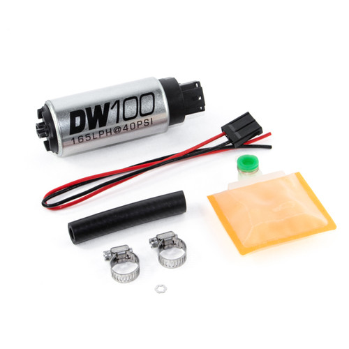 DeatschWerks DW100 165 LPH fuel pump with wiring, hose, clamps, sock filter, and rubber mount kit