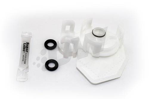 DeatschWerks DW65c fuel pump set up kit with white mounting bracket, black grommets, o-ring, and Super Lube packet.