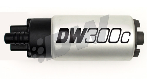 DeatschWerks DW300C 340lph compact fuel pump, side view showing black inlet fitting and silver body