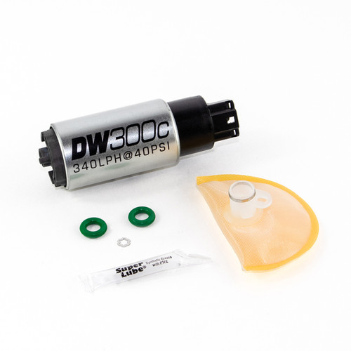 DeatschWerks DW300C 340lph fuel pump kit, side view with strainer, grommets and grease packet