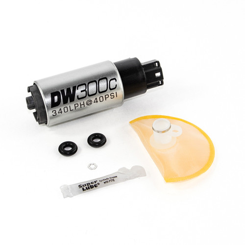 DeatschWerks DW300C 340lph fuel pump kit with two grommets, filter sock and lube packet, angled view