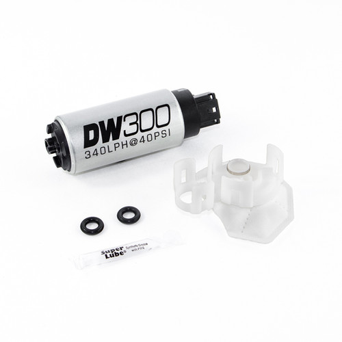 DeatschWerks DW300C 340lph fuel pump with mounting bracket, two O-rings, and lube packet, top view