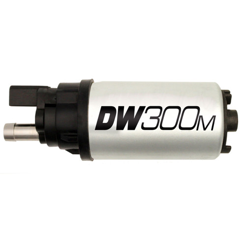 DeatschWerks DW300M fuel pump, side angle showing black inlet fitting and wiring connector end
