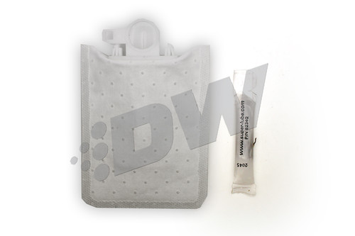 DeatschWerks DW300M fuel pump setup kit, fabric filter sock with connector and lubricant tube alongside.