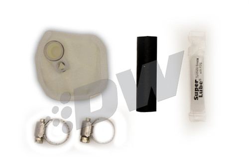 DeatschWerks DW300M fuel pump install kit with sock filter, hose clamps, heat shrink tube, and Super Lube grease packet