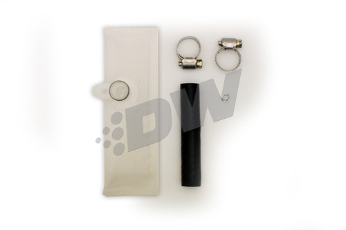 DeatschWerks DW300M fuel pump install kit showing heat shrink sleeve, rubber hose, and two hose clamps